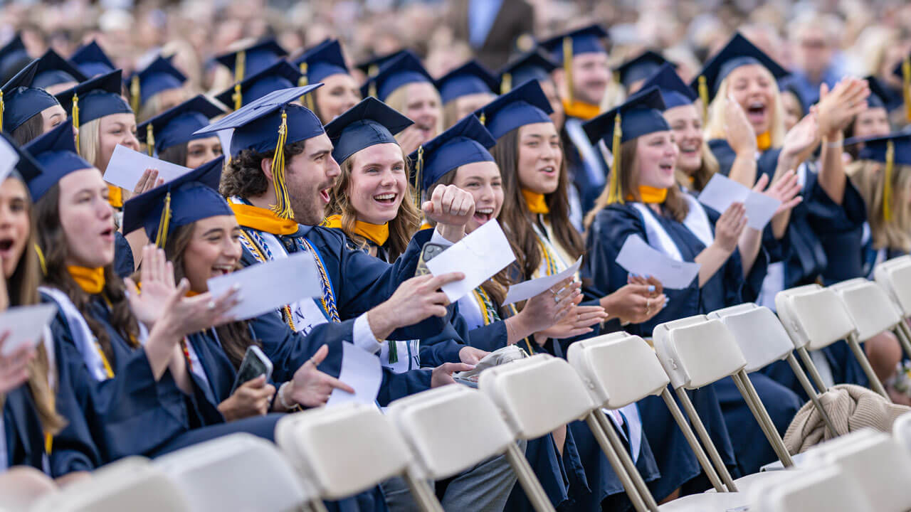 Nursing graduates stand and cheer in the crowd