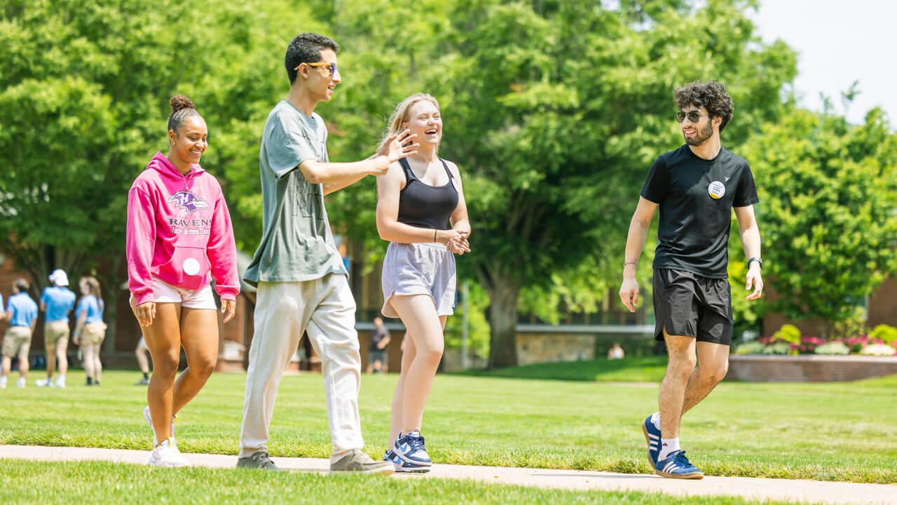 Students walk on the quad