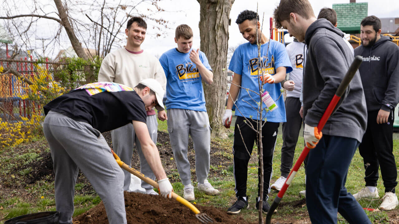 Students work together to plant a tree