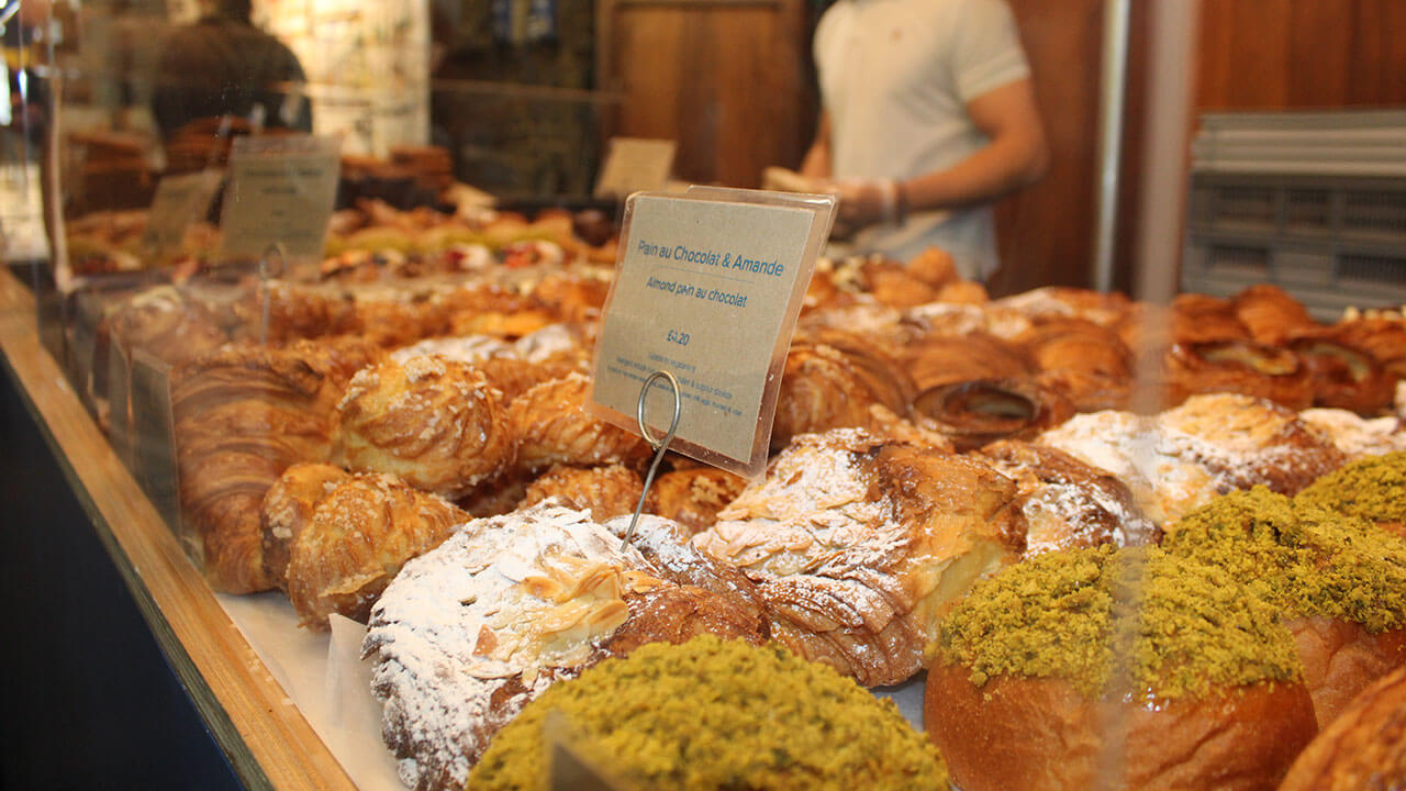 pastries in a glass case