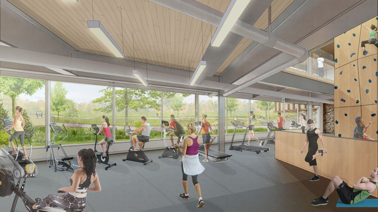 Rendering of students on fitness equipment and rock wall