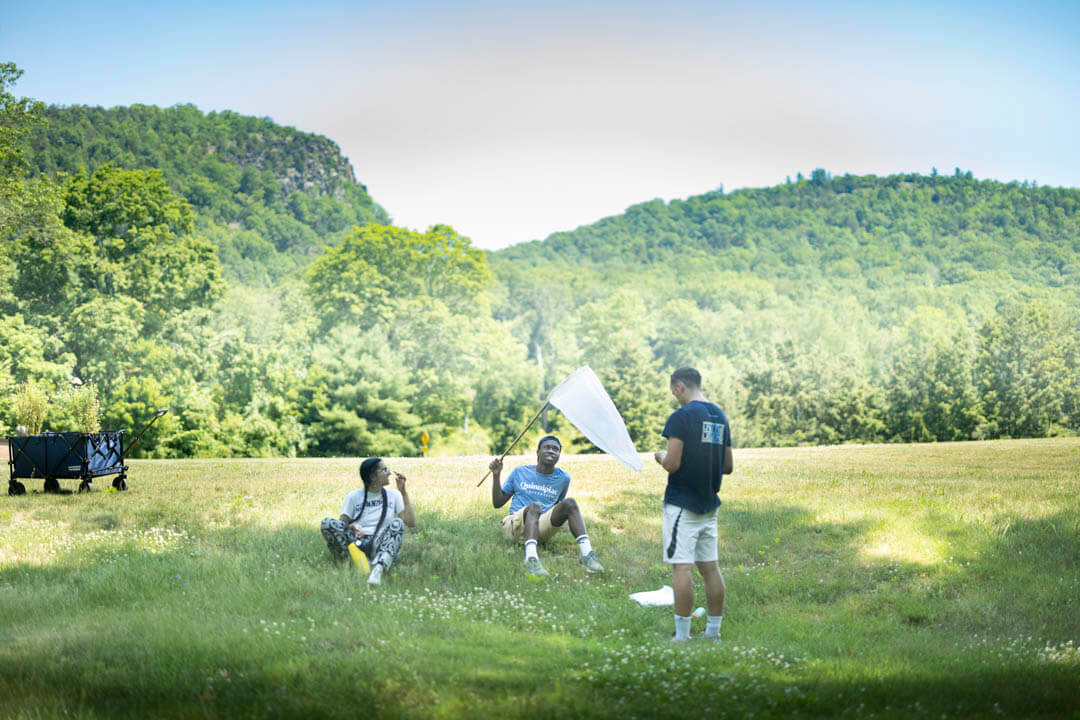 3 students sitting on the grass with bee catching nets