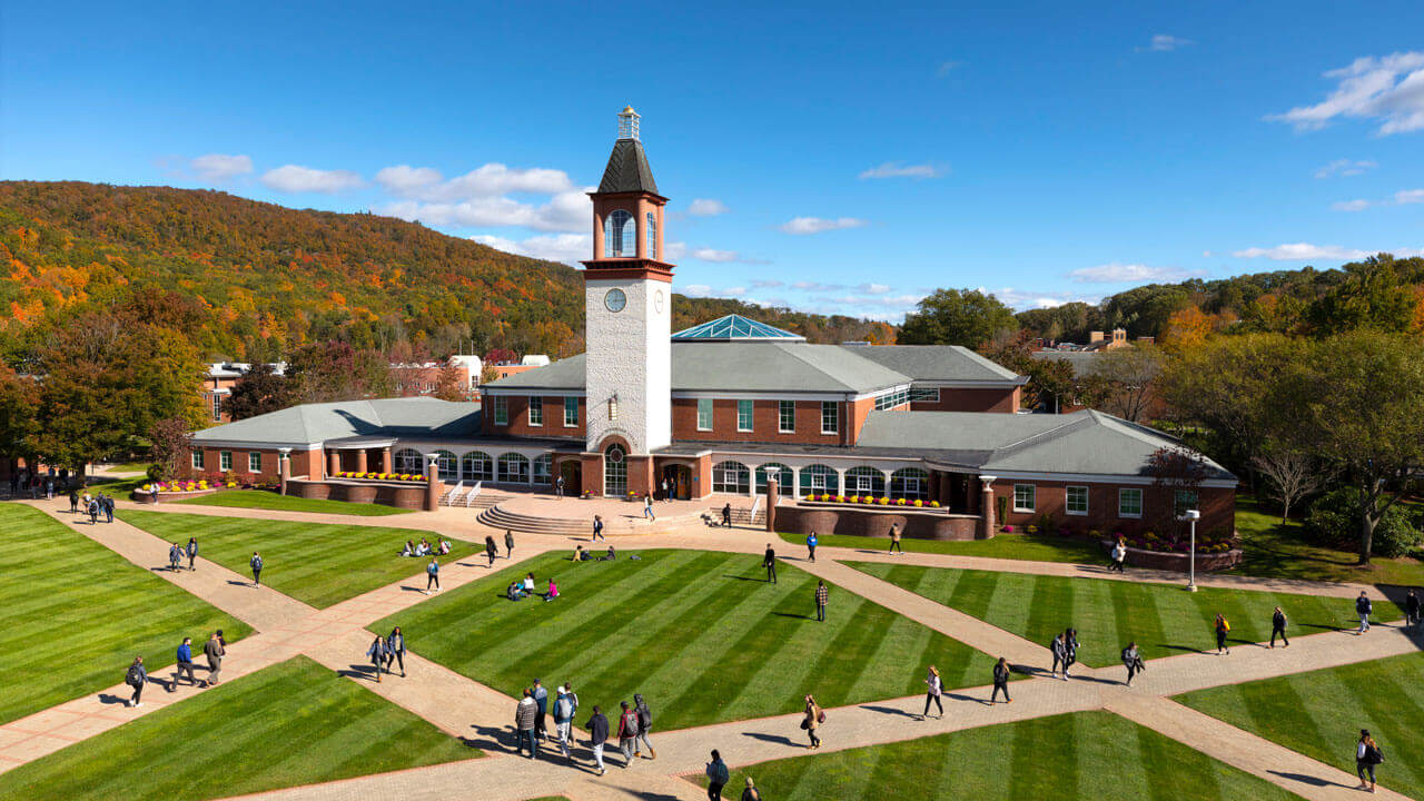 Aerial view of Quinnipiac's Mount Carmel Campus in the fall