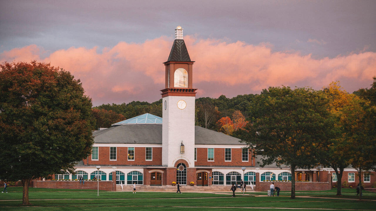 Clock tower at sunset on Mt. Caramel campus