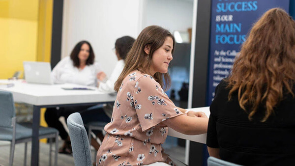 An arts and sciences student speaks with a career adviser in the school advising commons