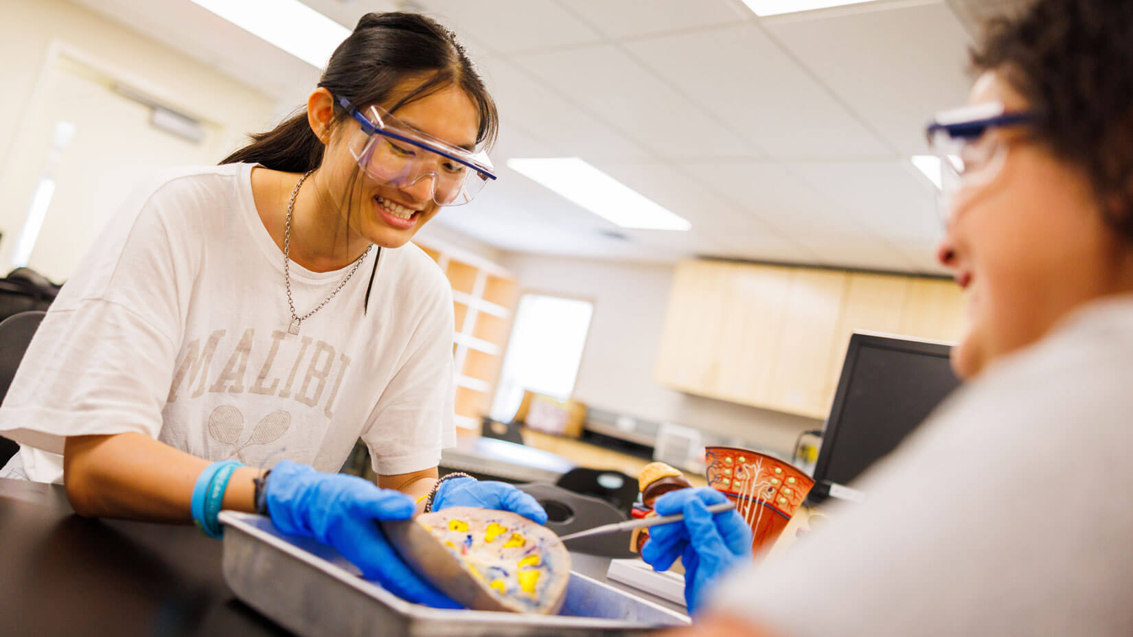 Students work together during class in a lab.