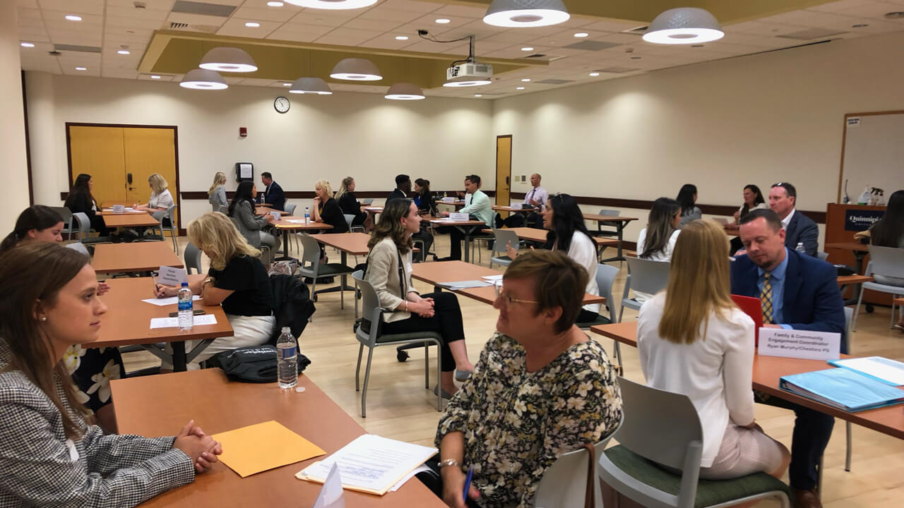 Students in the School of Education participate in a session of mock interviews with principals and superintendents from across the state of Connecticut.