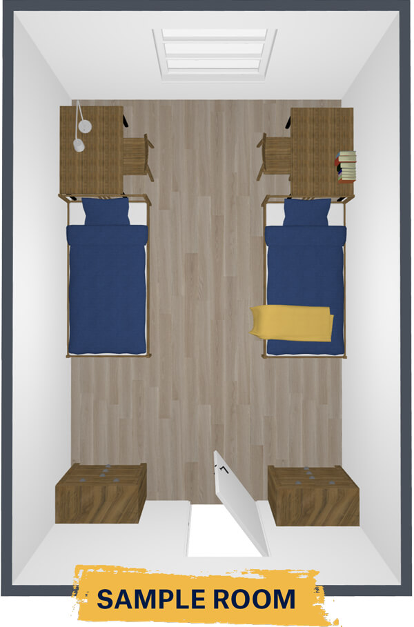 Rendering of a floor plan with 2 beds, wardrobes and desks in one room