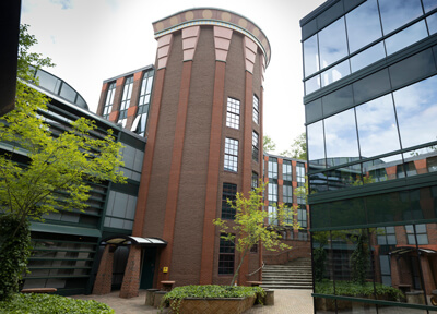 Exterior view of Mountainview residence hall reflecting a blue sky