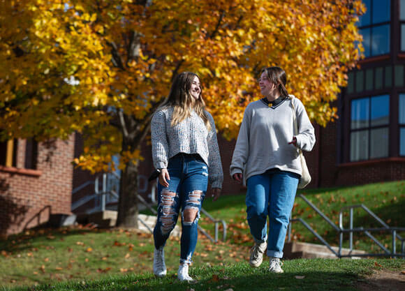 Two girls walking by village