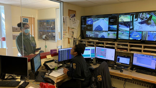 Student talking to public safety officer